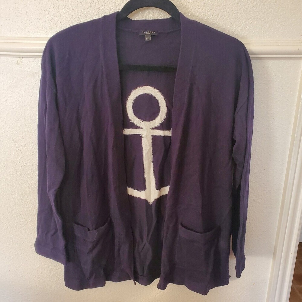 Talbots Womens Cardigan Sweater Size M Petite Navy Blue Nautical